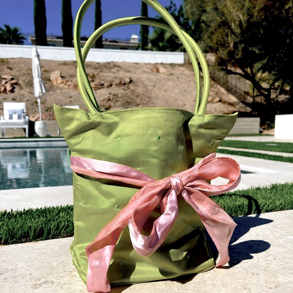 Claire V 100% silk bag green with pink tie zipper close.
